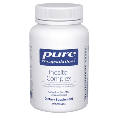 A bottle of Pure Encapsulations Inositol Complex dietary supplement with 60 capsules.