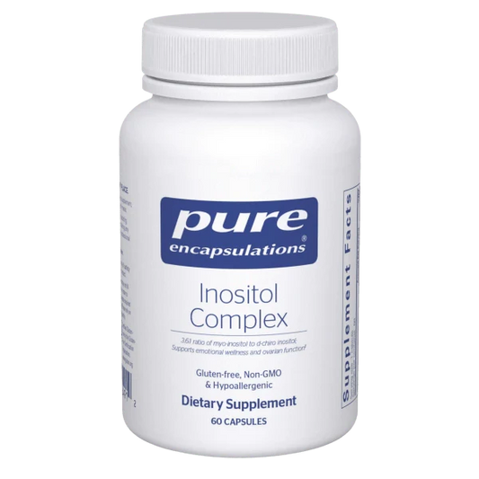 A bottle of Pure Encapsulations Inositol Complex dietary supplement with 60 capsules.