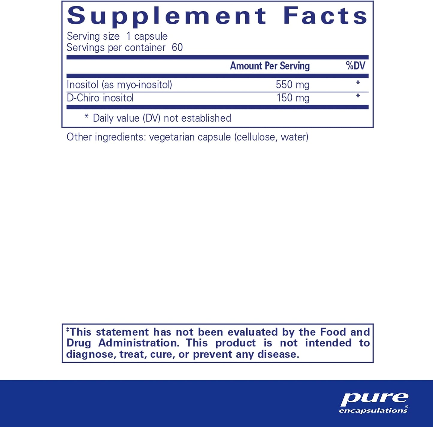 Supplment facst and ingredient information for a bottle of Pure Encapsulations Inositol Complex dietary supplement