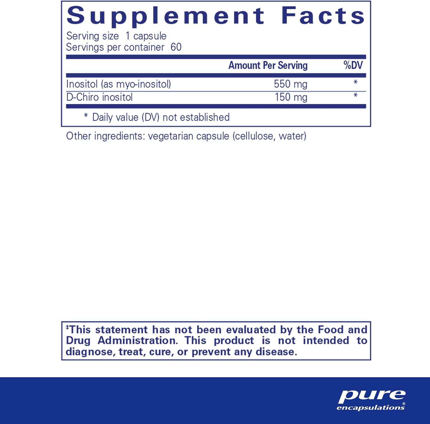 Supplment facst and ingredient information for a bottle of Pure Encapsulations Inositol Complex dietary supplement