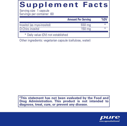 Supplment facst and ingredient information for a bottle of Pure Encapsulations Inositol Complex dietary supplement