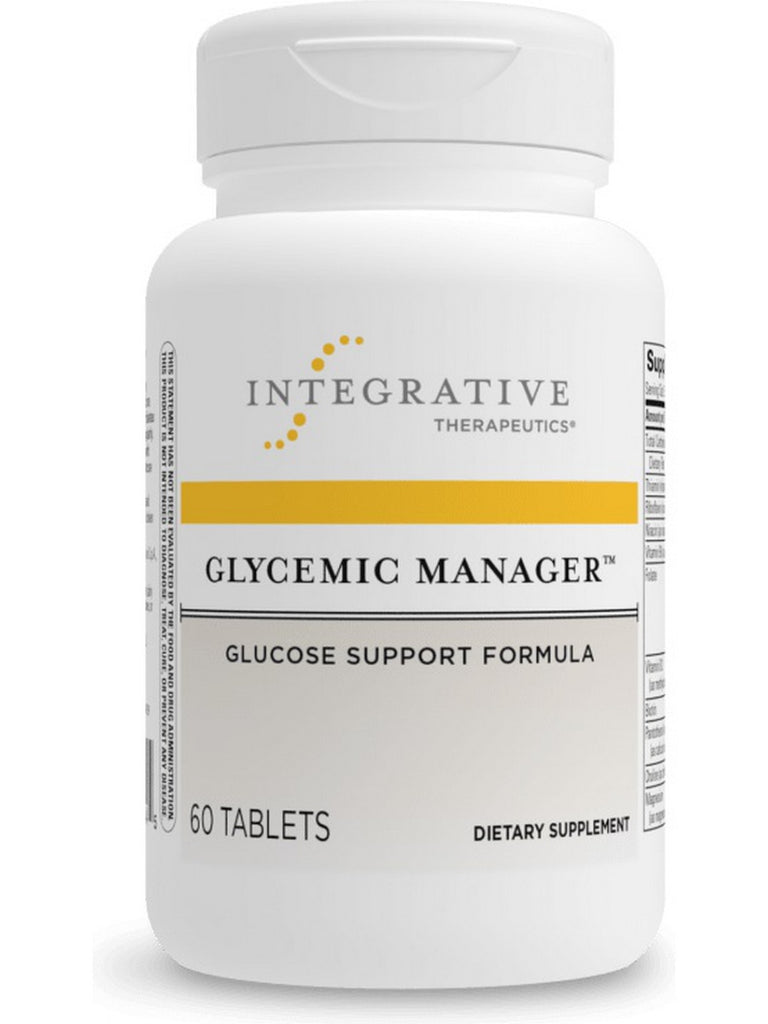 A bottle of Integrative Therapeutics Glycemic Manager, which is a glucose support formula with 60 tablets.