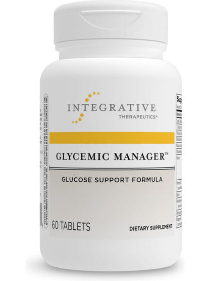 A bottle of Integrative Therapeutics Glycemic Manager, which is a glucose support formula with 60 tablets.