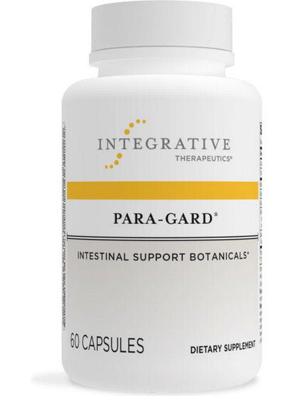 A bottle of Integrative Therapeutics Para-Gard dietary supplement with 60 capsules, labeled as supporting intestinal health with botanical extracts.