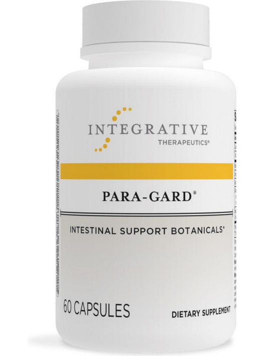 A bottle of Integrative Therapeutics Para-Gard dietary supplement with 60 capsules, labeled as supporting intestinal health with botanical extracts.