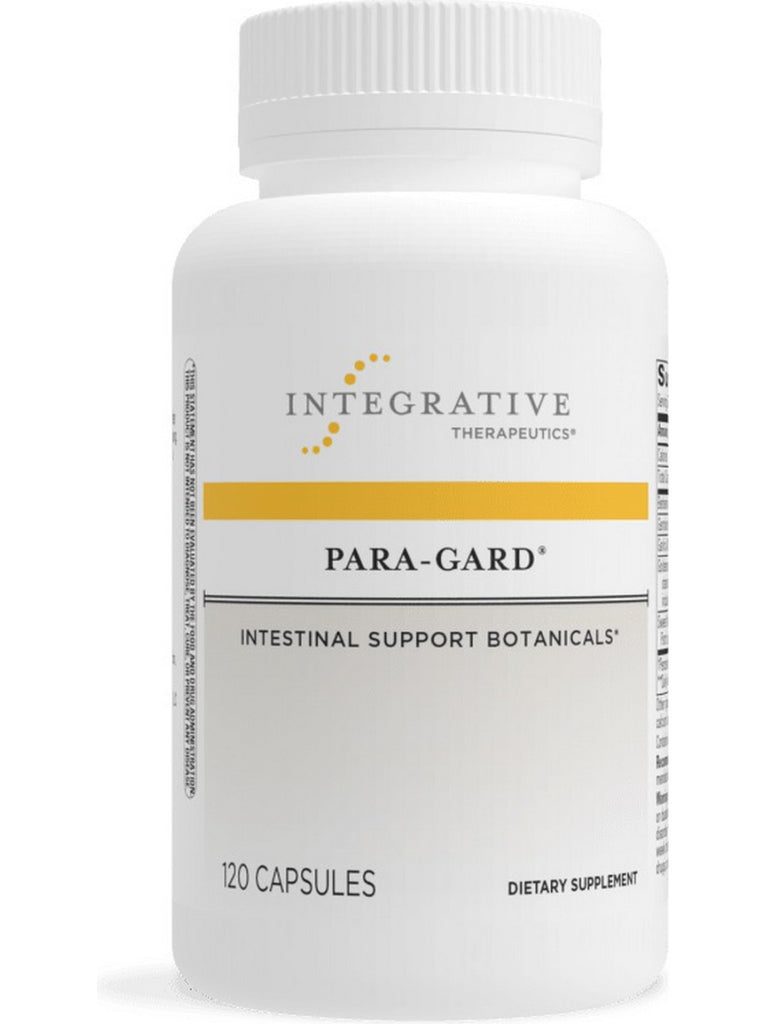 A bottle of Integrative Therapeutics Para-Gard dietary supplement with 60 capsules, labeled as supporting intestinal health with botanical extracts.