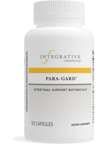 A bottle of Integrative Therapeutics Para-Gard dietary supplement with 60 capsules, labeled as supporting intestinal health with botanical extracts.