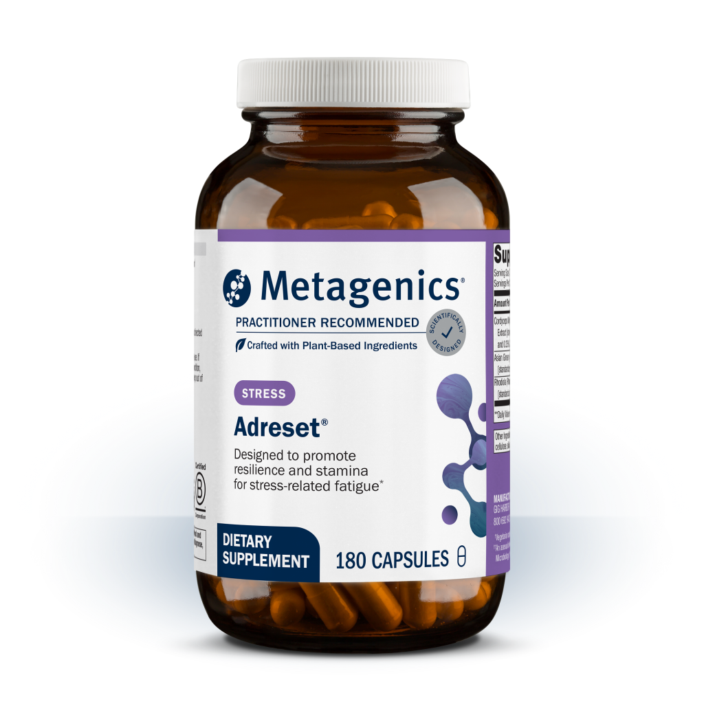A bottle of Metagenics Adreset dietary supplement, containing 180 capsules, shown on a clean white background.