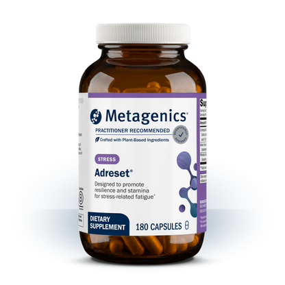 A bottle of Metagenics Adreset dietary supplement, containing 180 capsules, shown on a clean white background.