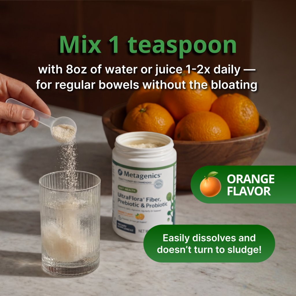 A picture of someone putting the Ultraflora fiber, prebiotic and probiotic in a glass of water with instructions to mix 1 teaspoon with 8 oz water or juice 1-2 times daily for regular bowels without the bloating.  Orange flavor
