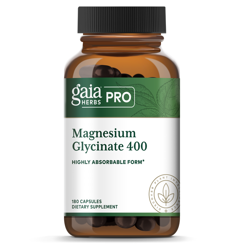 A bottle of Gaia Magnesium Glycinate 400 mg dietary supplement with 180 capsules. The label is green and white with the brand logo and product information.