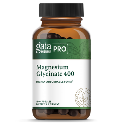 A bottle of Gaia Magnesium Glycinate 400 mg dietary supplement with 180 capsules. The label is green and white with the brand logo and product information.