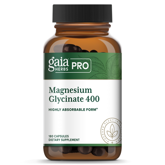 A bottle of Gaia Magnesium Glycinate 400 mg dietary supplement with 180 capsules. The label is green and white with the brand logo and product information.
