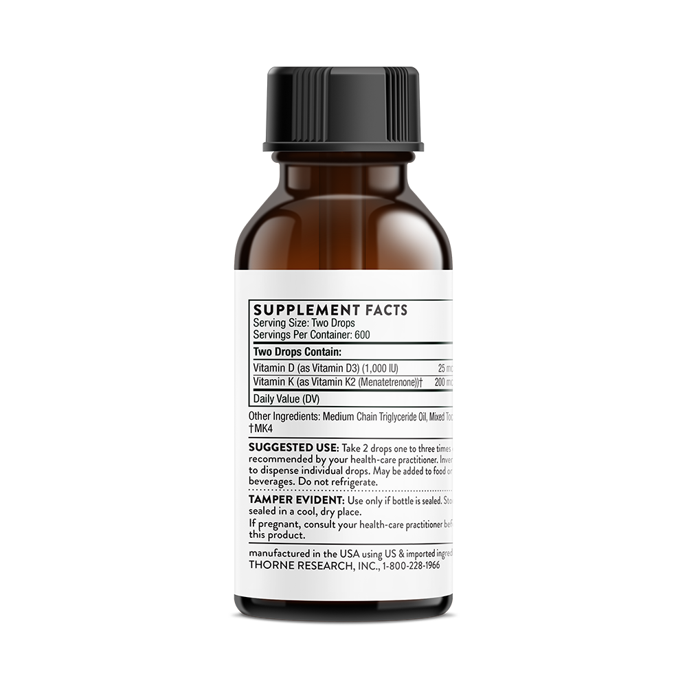 Supplement facts for a  bottle of Thorne Vitamin D + K2 Liquid supplement 