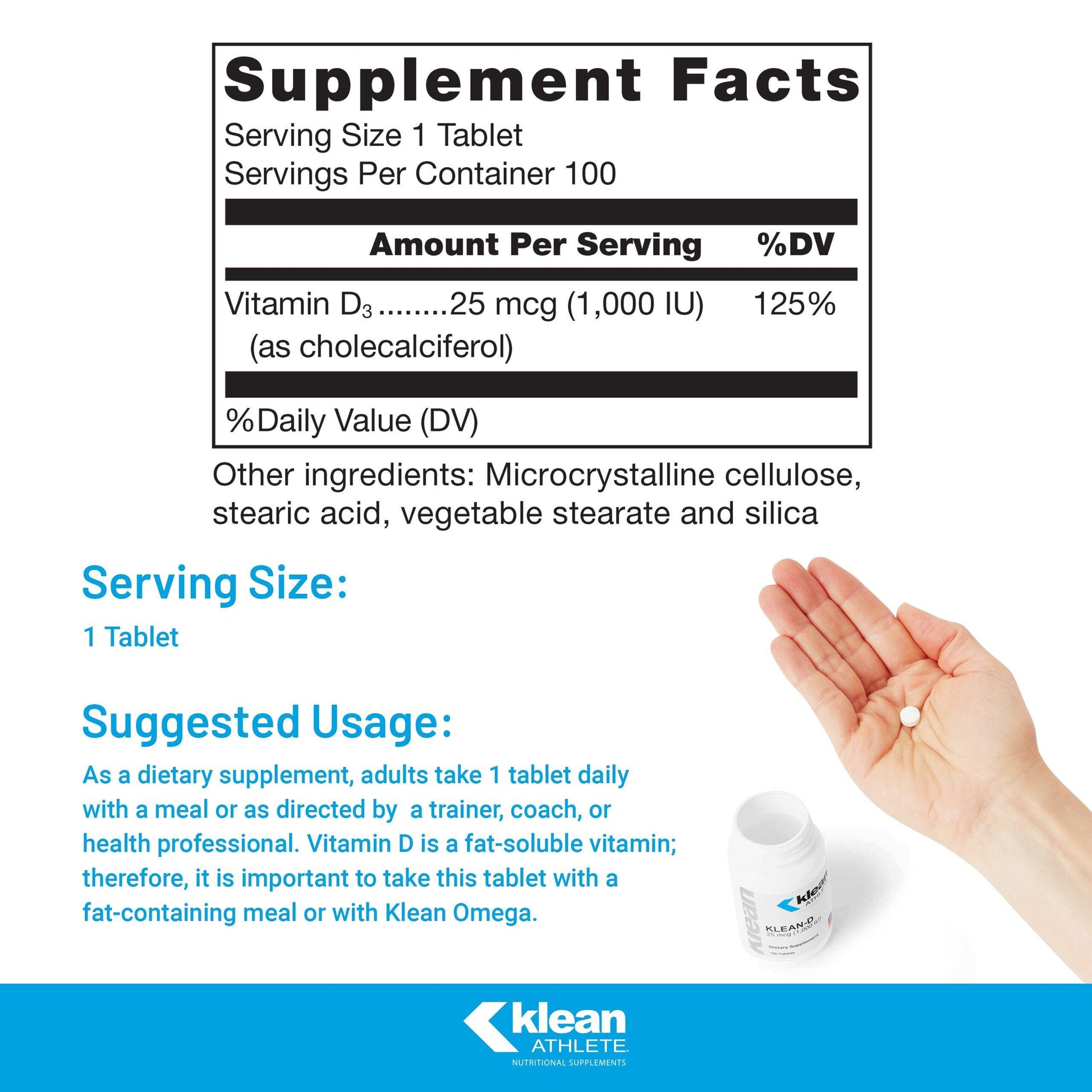 Supplement facts for a  bottle of Klean Athlete Klean-D 1000 dietary supplement 