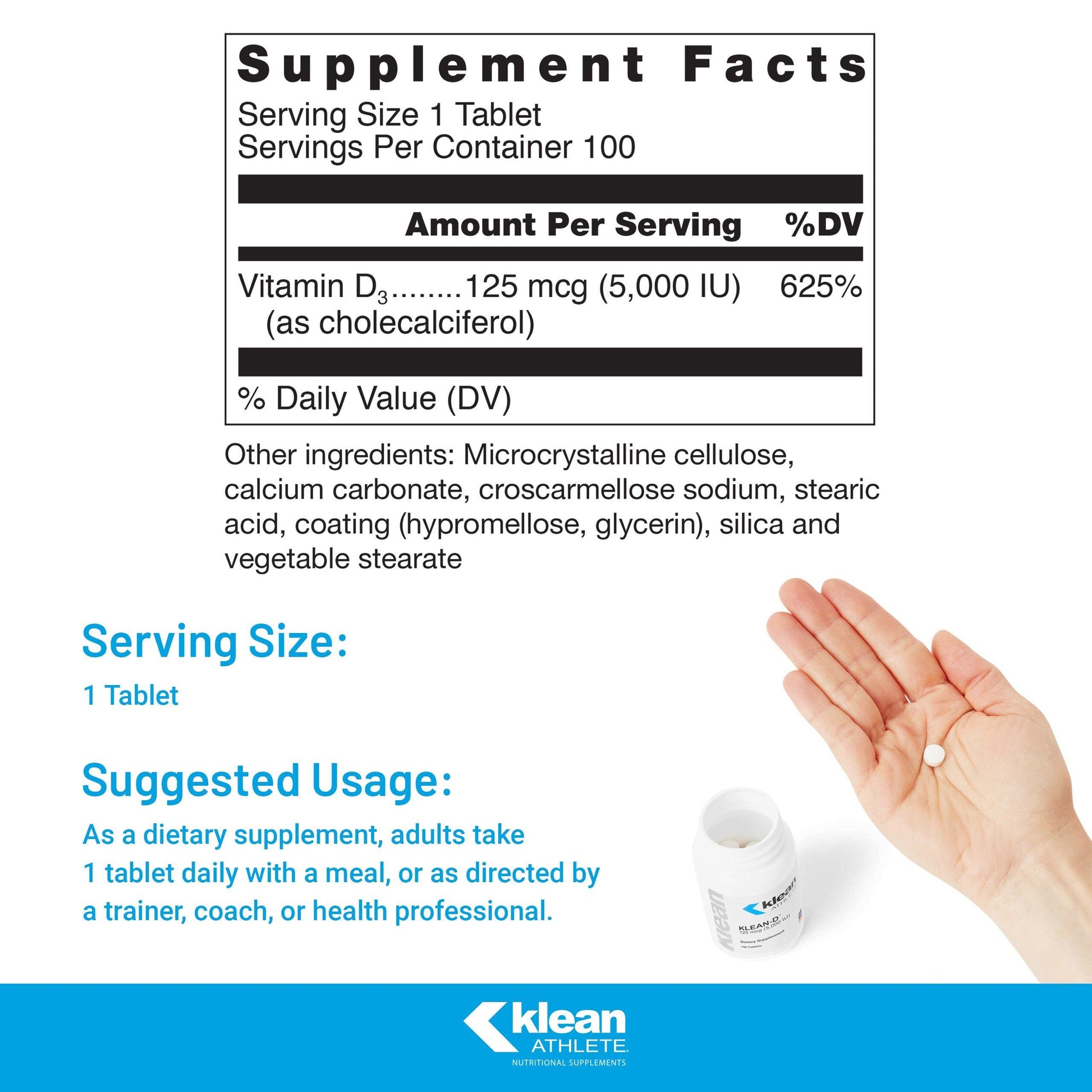Suplpement facts for a  bottle of Klean Athlete Klean-D 5000 IU dietary supplemen