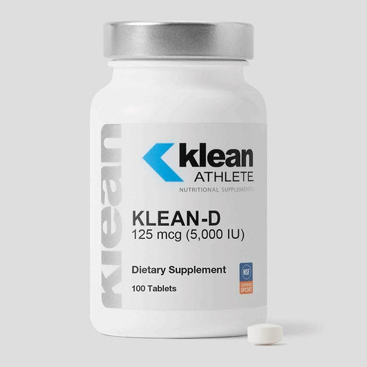 A bottle of Klean Athlete Klean-D 5000 IU dietary supplement containing 100 tablets.
