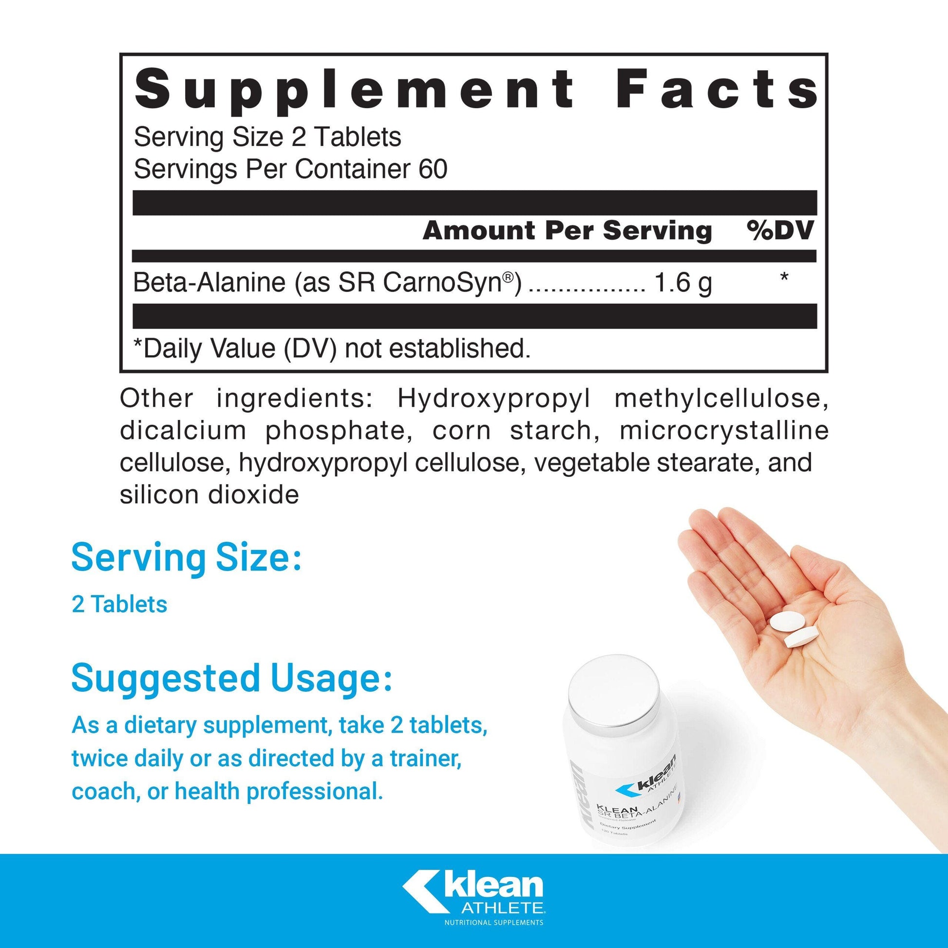 Supplement facts for a bottle of Klean SR Beta-Alanine