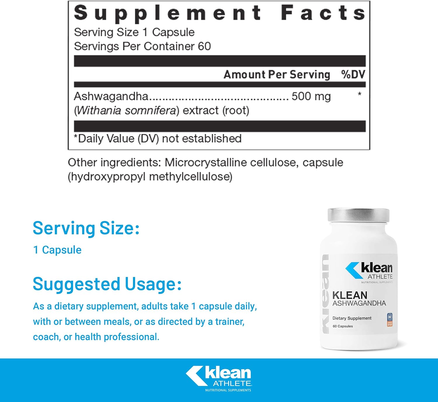 Supplement facts for a bottle of Klean Athlete Ashwagandha dietary supplement