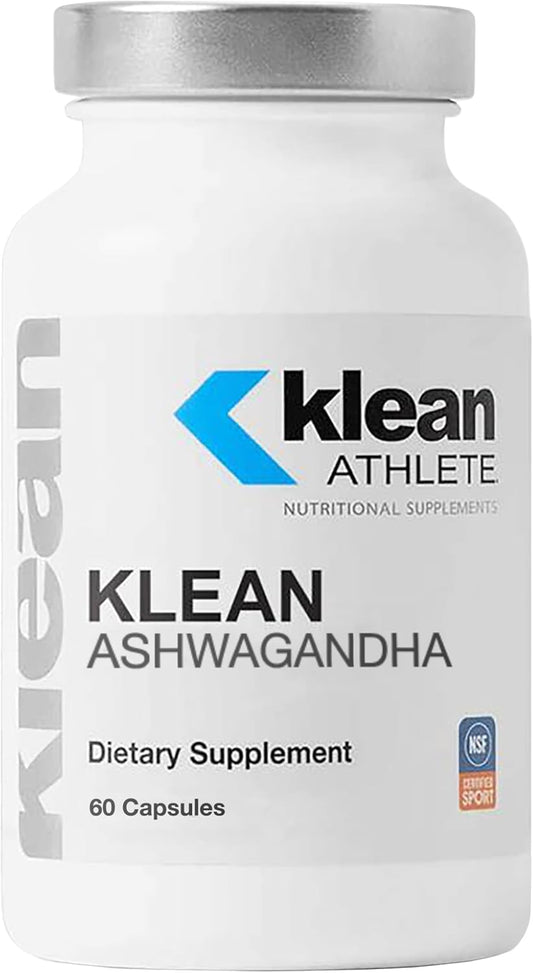 A bottle of Klean Athlete Ashwagandha dietary supplement with 60 capsules, predominantly white background with blue and green text and logo.