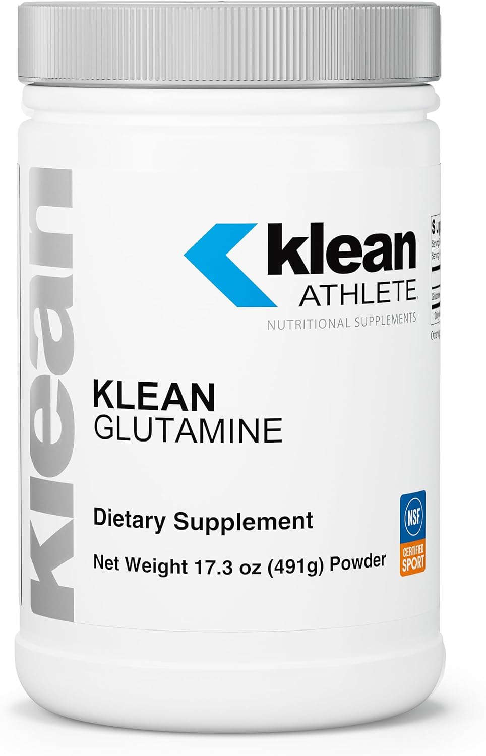 A container of Klean Glutamine, a dietary supplement powder designed for muscle recovery, immune health, and gastrointestinal health.