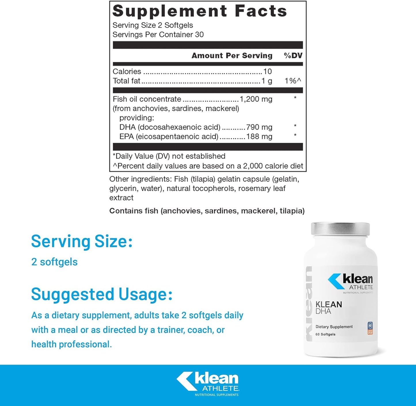 Supplement facts for a bottle of Klean Athlete DHA softgels
