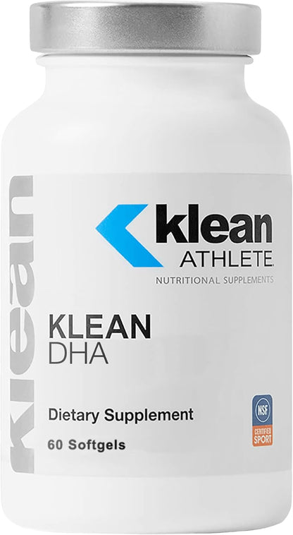 A bottle of Klean Athlete DHA softgels, which is a dietary supplement for athletes.