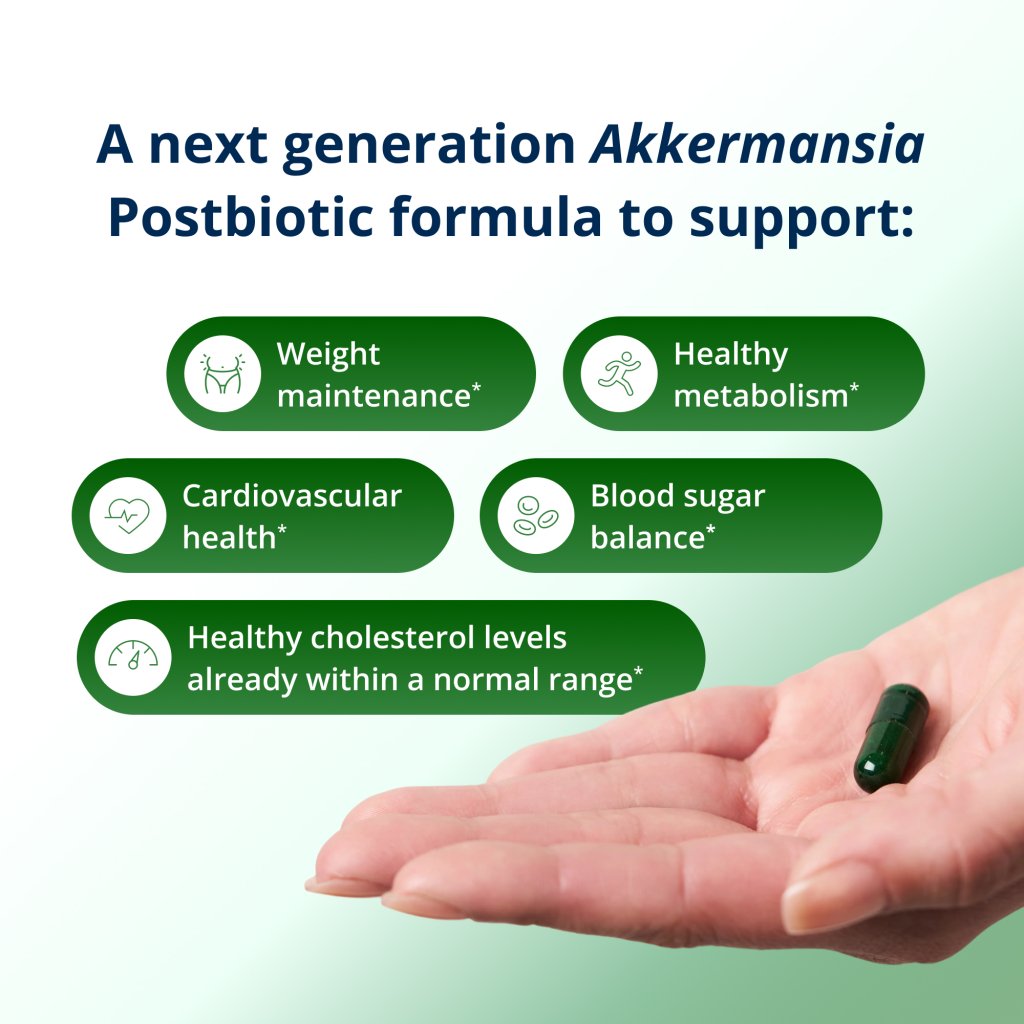 Akkermansia postbiotic supplement with health benefits listed on a green background