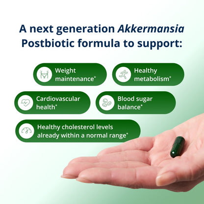 Akkermansia postbiotic supplement with health benefits listed on a green background