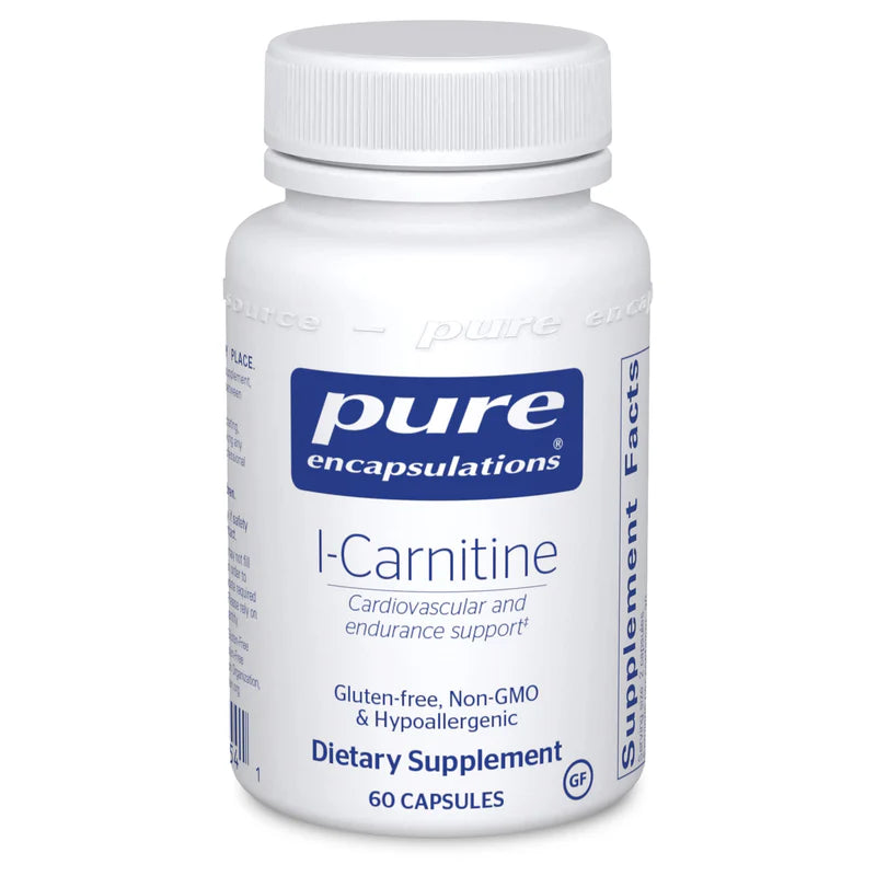 A bottle of Pure Encapsulations L-Carnitine dietary supplement with 60 capsules, labeled for cardiovascular and endurance support.
