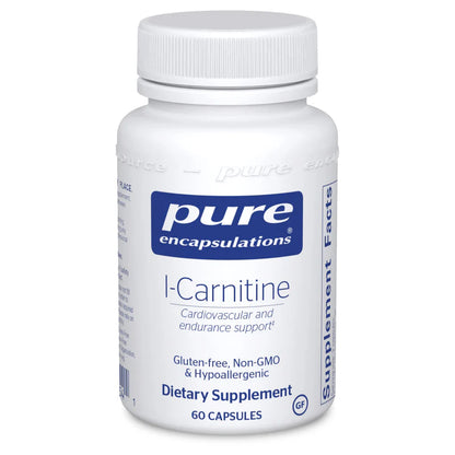 A bottle of Pure Encapsulations L-Carnitine dietary supplement with 60 capsules, labeled for cardiovascular and endurance support.