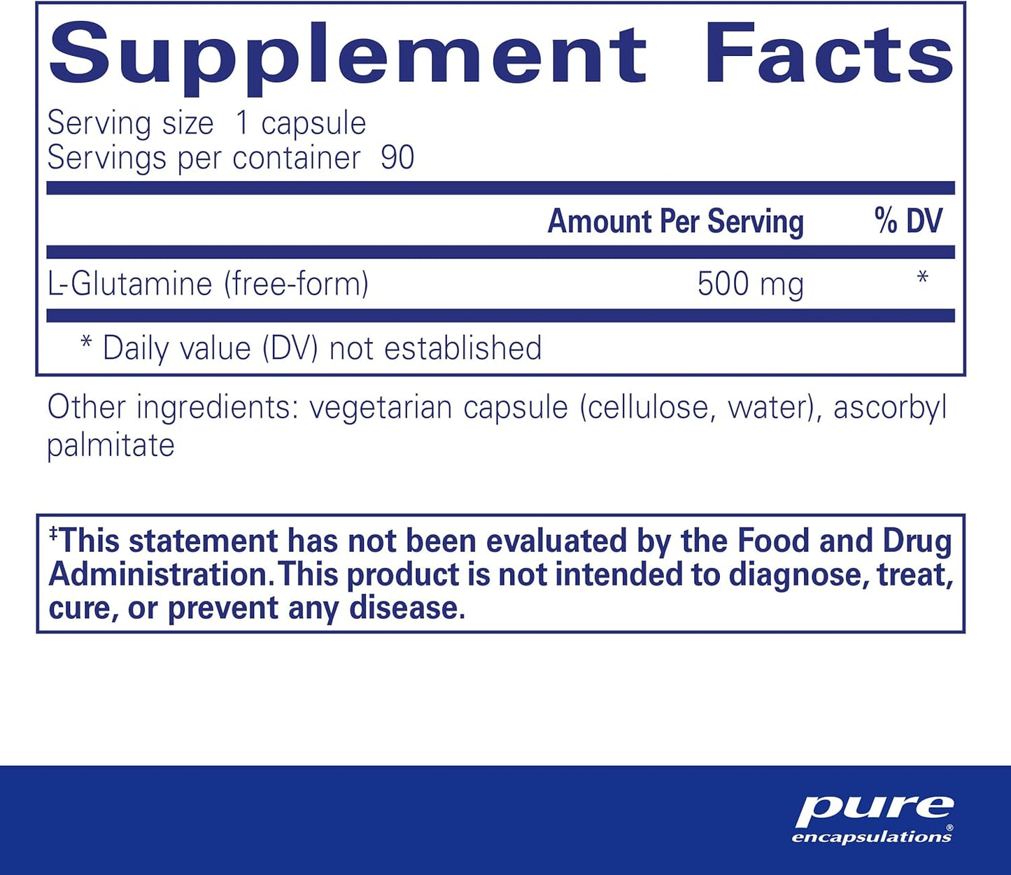 Supplement facts for a bottle of Pure Encapsulations L-Glutamine 500 mg dietary supplement