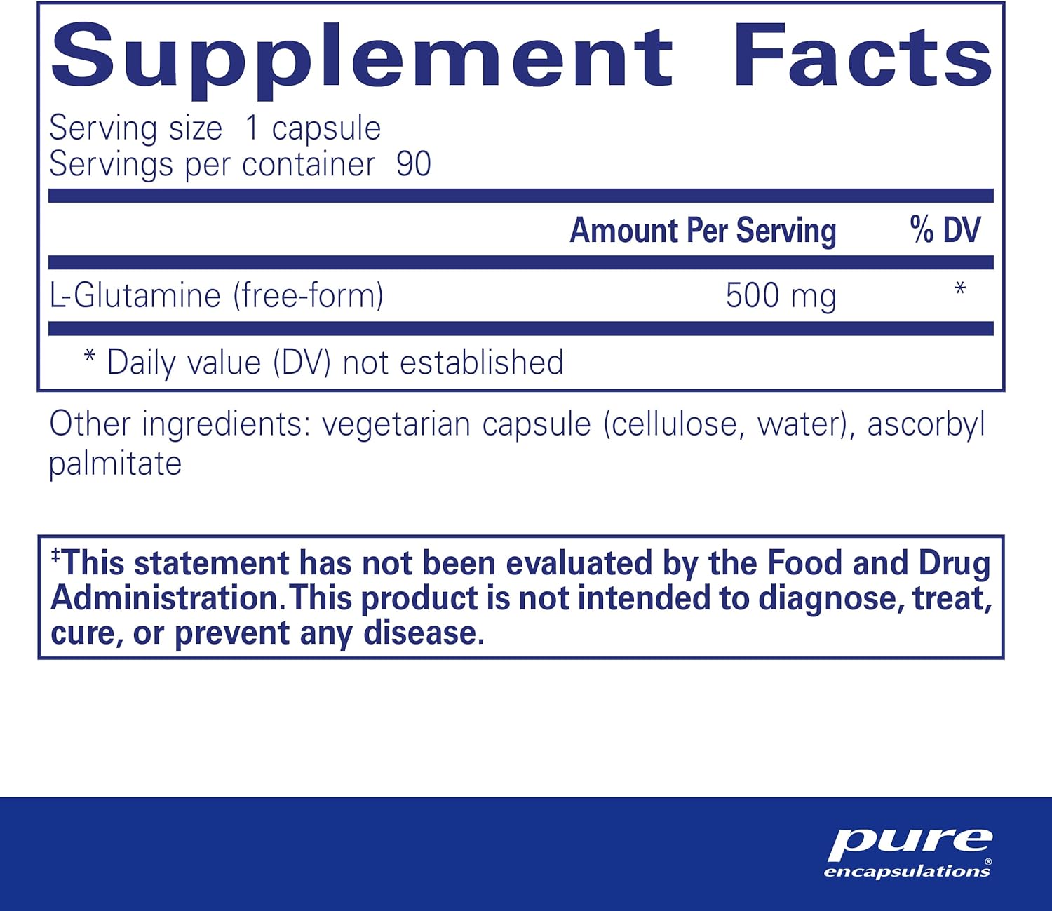 Supplement facts for a bottle of Pure Encapsulations L-Glutamine 500 mg dietary supplement