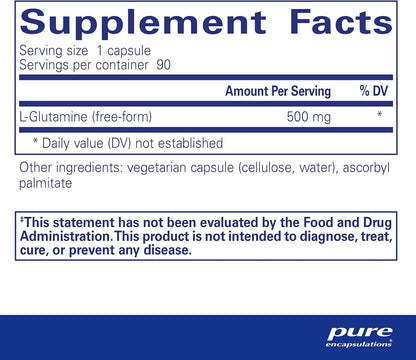 Supplement facts for a bottle of Pure Encapsulations L-Glutamine 500 mg dietary supplement