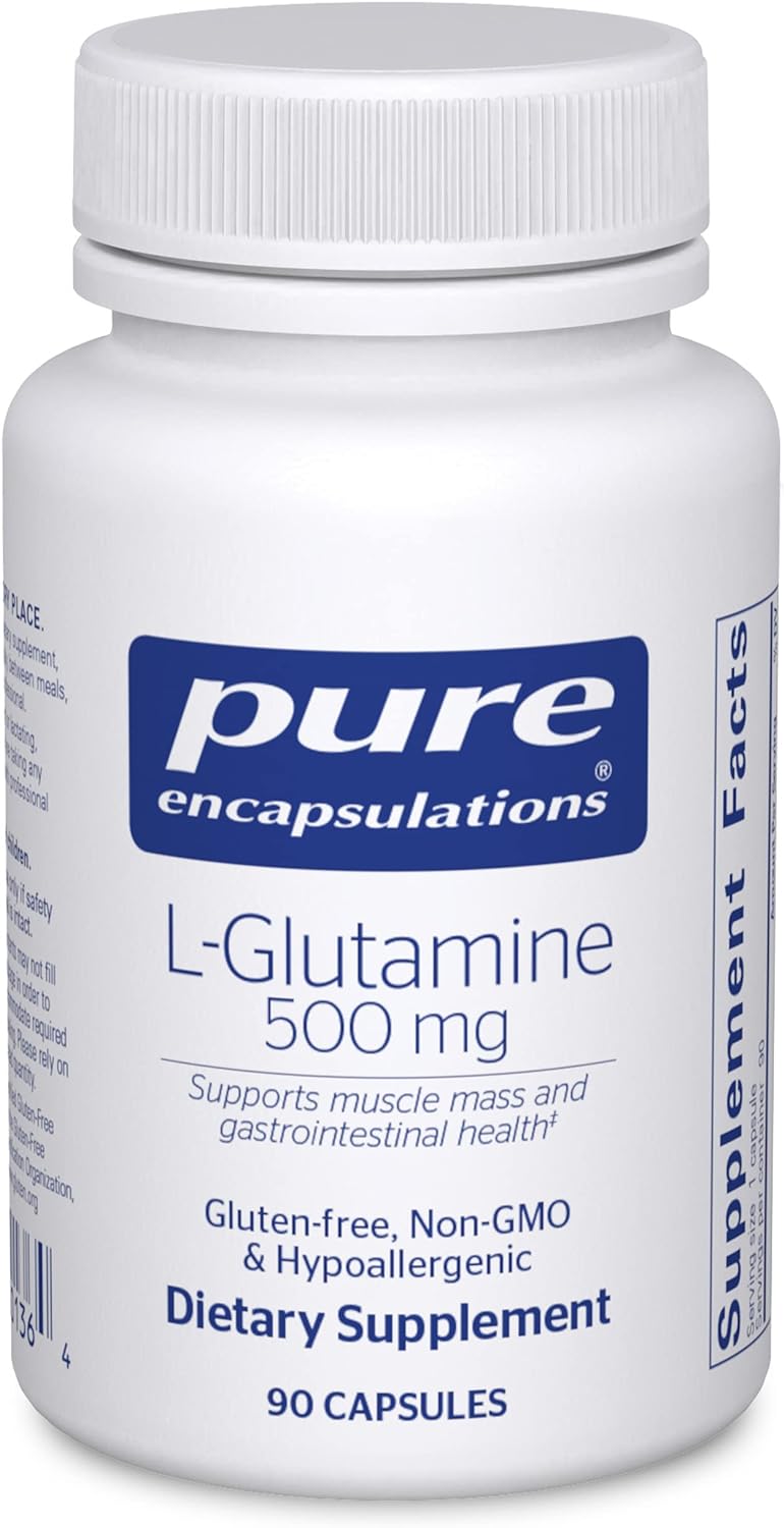 A bottle of Pure Encapsulations L-Glutamine 500 mg dietary supplement containing 90 capsules.