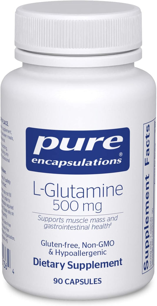 A bottle of Pure Encapsulations L-Glutamine 500 mg dietary supplement containing 90 capsules.