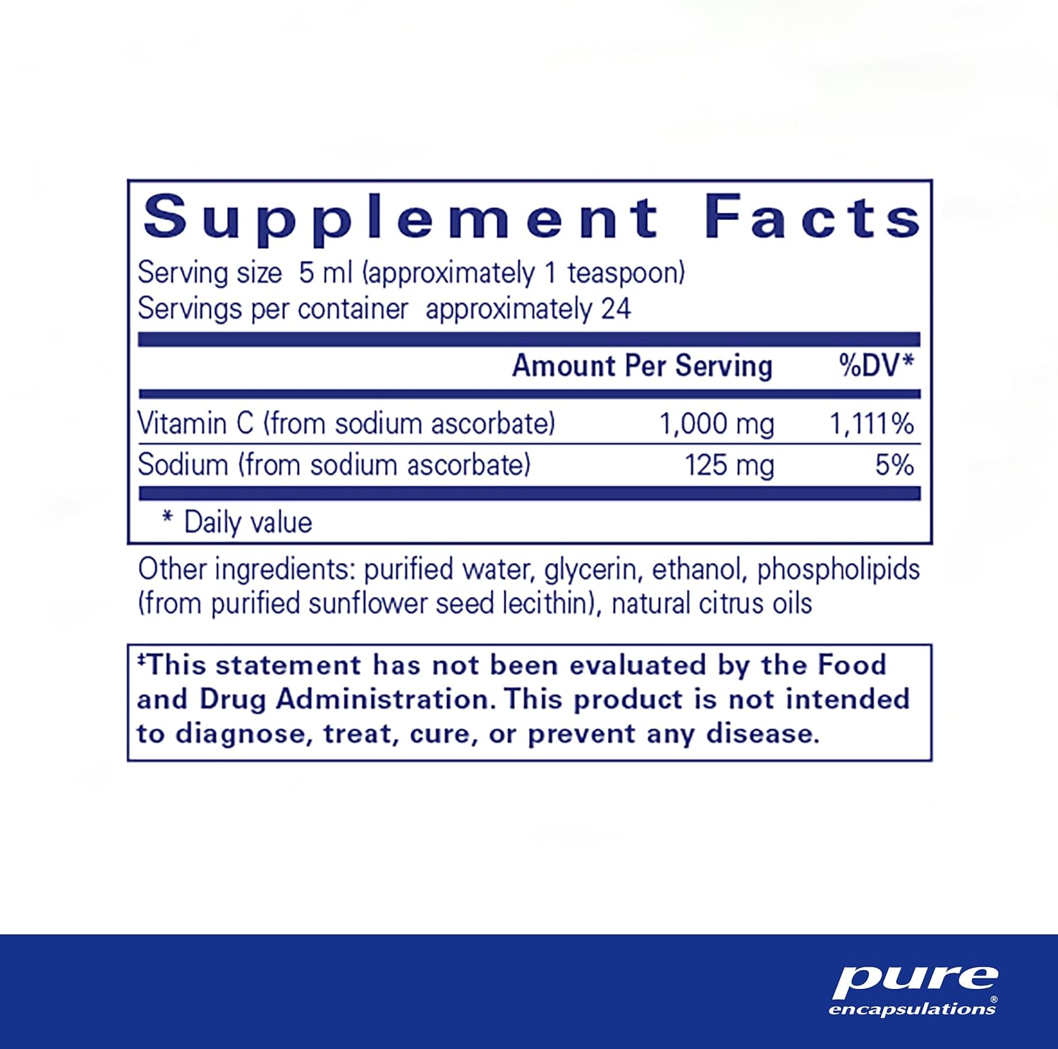 Supplement facts and ingredient information for a bottle of Pure Encapsulations Liposomal Vitamin C Liquid dietary supplement.