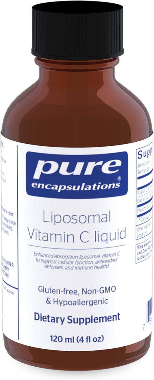 A bottle of Pure Encapsulations Liposomal Vitamin C Liquid dietary supplement.