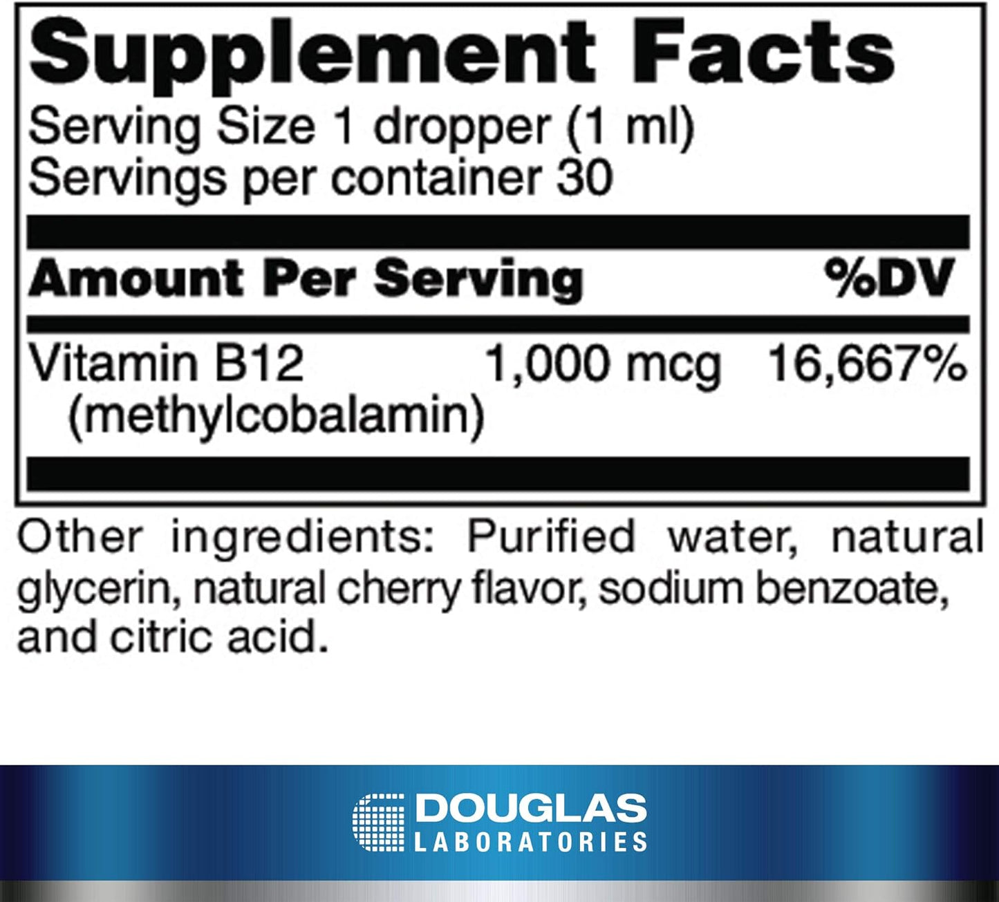 Supplement facts for a bottle of Douglas Labs Liquid B12 supplement