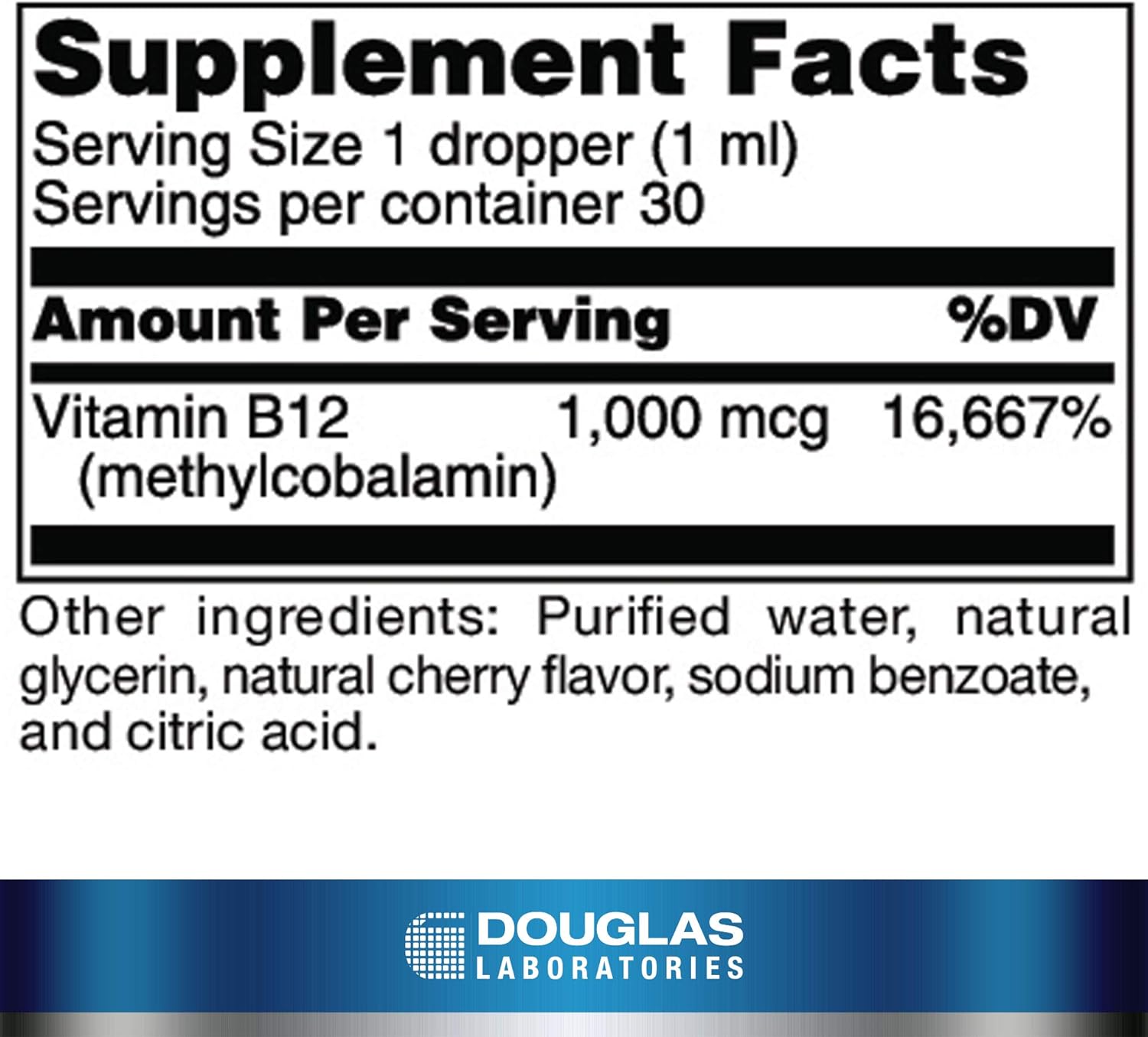 Supplement facts for a bottle of Douglas Labs Liquid B12 supplement