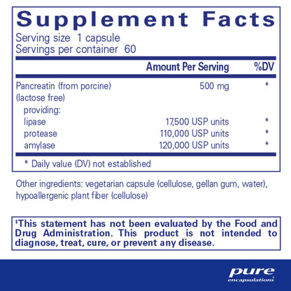 Supplement facts and ingredient information for a bottle of Pure Encapsulations Pancreatic Enzyme Formula dietary supplement
