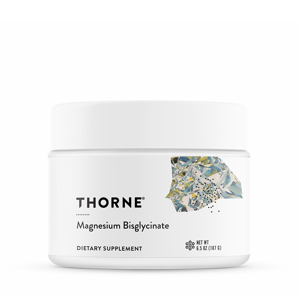 A container of Thorne Magnesium Bisglycinate dietary supplement powder.