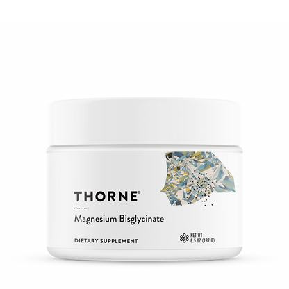 A container of Thorne Magnesium Bisglycinate dietary supplement powder.