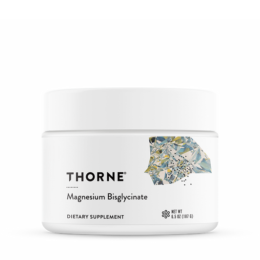 A container of Thorne Magnesium Bisglycinate dietary supplement powder.