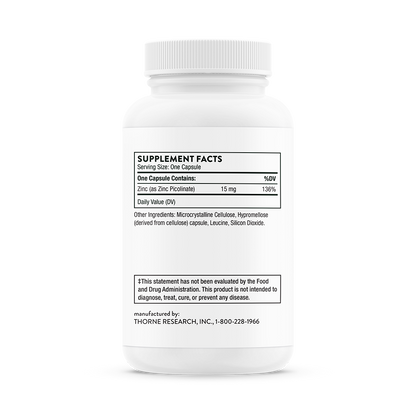 Supplement facts for a bottle of Thorne Zinc Picolinate 
