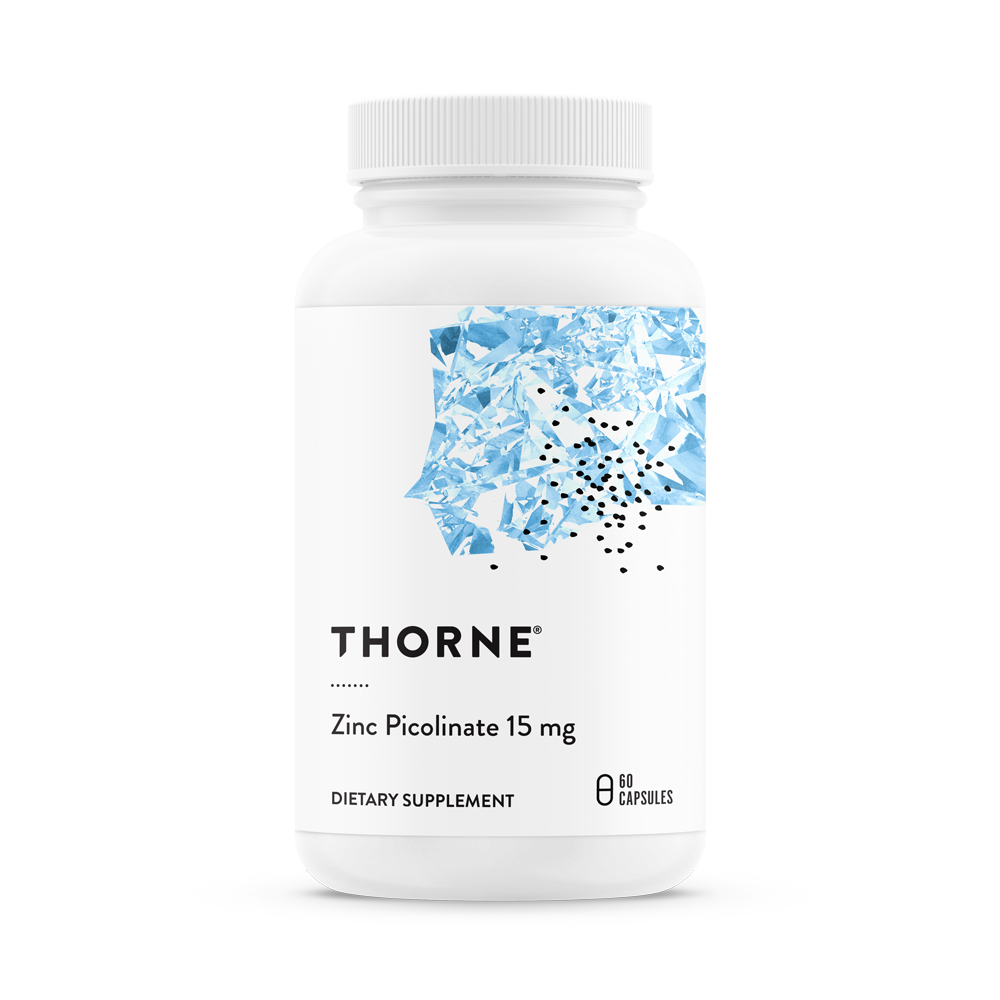 A bottle of Thorne Zinc Picolinate 15 mg dietary supplement.
