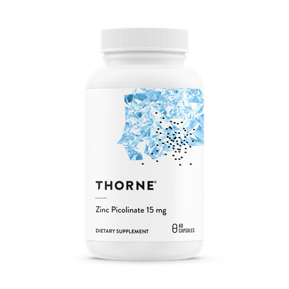 A bottle of Thorne Zinc Picolinate 15 mg dietary supplement.
