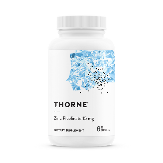 A bottle of Thorne Zinc Picolinate 15 mg dietary supplement.