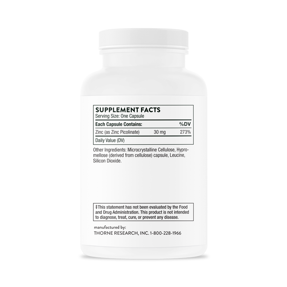 The supplement facts label on the back of a Thorne Zinc Picolinate 30 mg  bottle. 