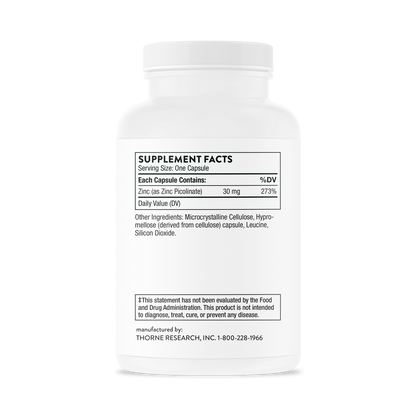The supplement facts label on the back of a Thorne Zinc Picolinate 30 mg  bottle. 